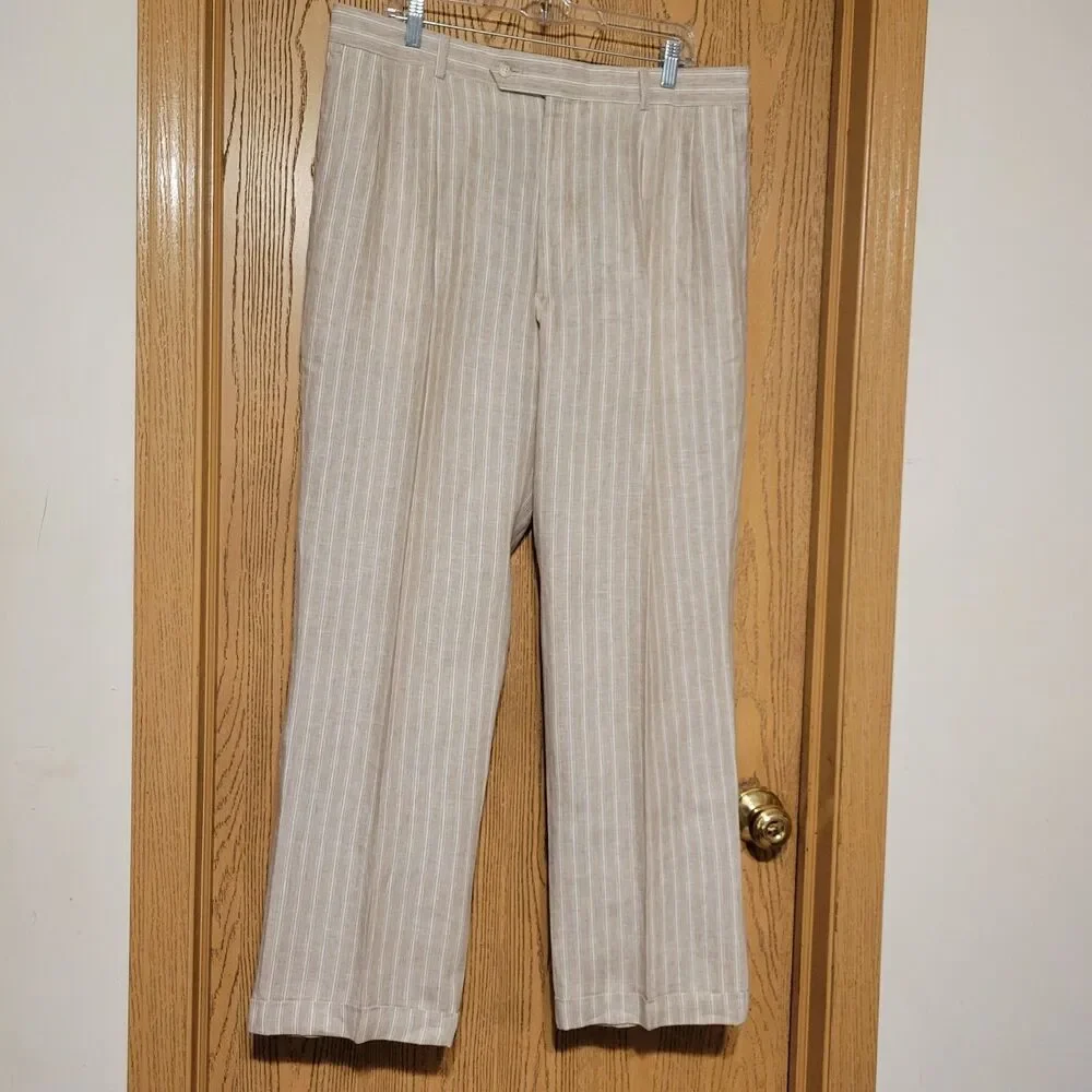 Paul Frederick Men's 100% L inen Beige w/White Vertical Stripes Dress Pants 37W